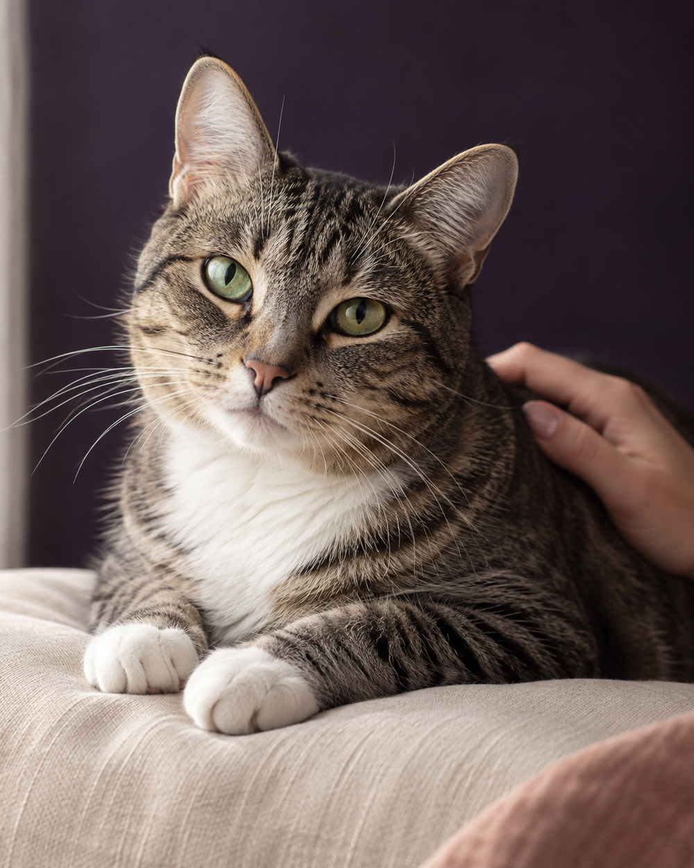 A relaxed tabby cat resting beside a caring hand