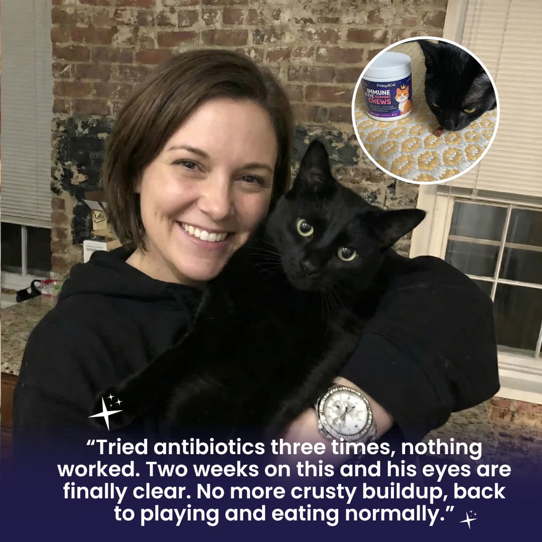 Woman testimonial holding a black cat with a product inset, brick wall background