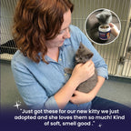 Woman holding a gray kitten with a short testimonial about her cat loves the product.